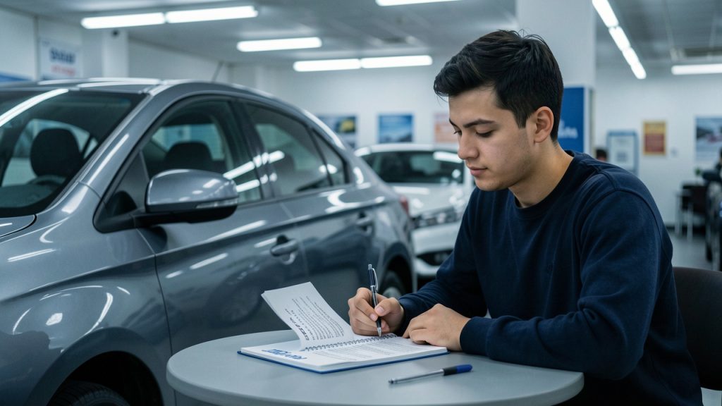 Un jeune homme révise des questions du permis B dans un centre d’examen, assis près d’une voiture, ambiance pédagogique réaliste.