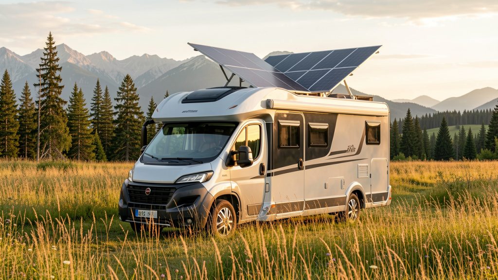 Camping-car moderne stationné dans une prairie naturelle avec un panneau solaire sur le toit, éclairé par la lumière dorée de fin de journée.