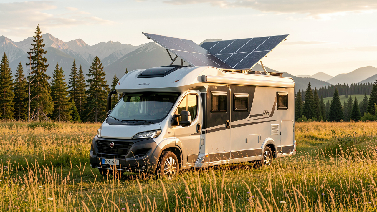 Camping-car moderne stationné dans une prairie naturelle avec un panneau solaire sur le toit, éclairé par la lumière dorée de fin de journée.