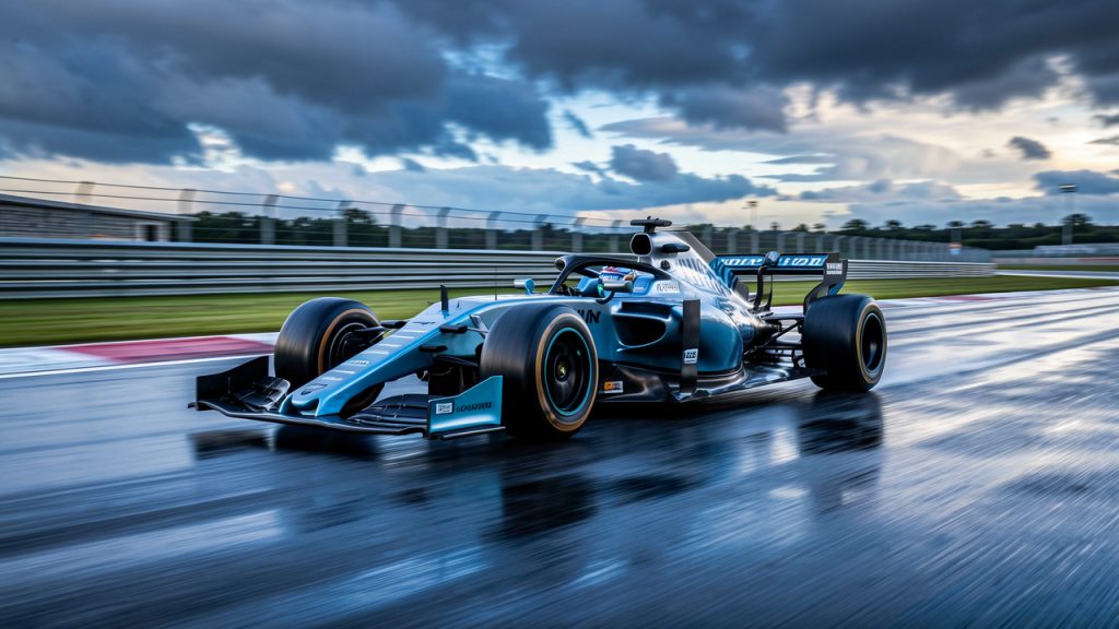 Monoplace de course moderne de 2026 négociant un virage rapide sur le circuit de Spa-Francorchamps sous un ciel changeant.