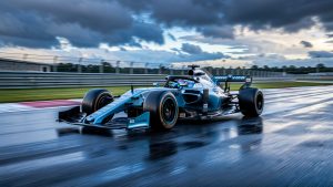Monoplace de course moderne de 2026 négociant un virage rapide sur le circuit de Spa-Francorchamps sous un ciel changeant.