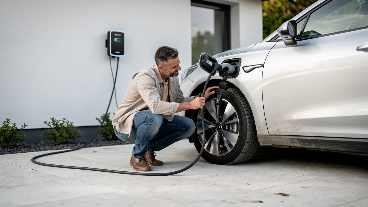 Un homme inspecte le câble de recharge et l’état des pneus d’une voiture électrique d’occasion devant une borne domestique.