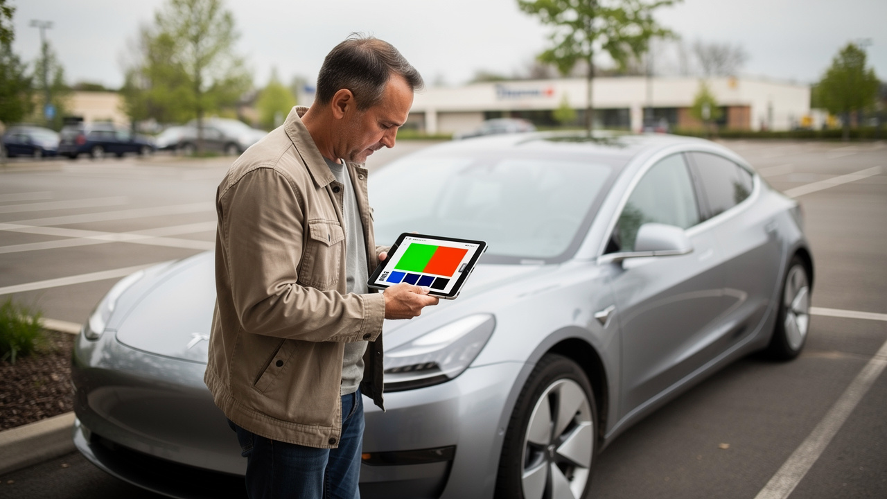 Un homme examine une voiture électrique d’occasion sur un parking tout en consultant une tablette présentant un diagnostic visuel de la batterie.