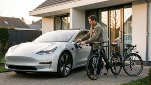 Un homme prépare la recharge d’une voiture électrique devant une maison moderne, avec un vélo électrique à proximité, sous une lumière douce.