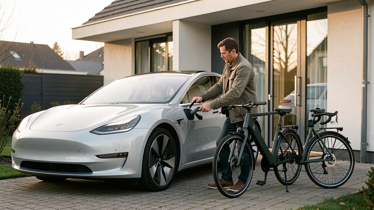 Un homme prépare la recharge d’une voiture électrique devant une maison moderne, avec un vélo électrique à proximité, sous une lumière douce.