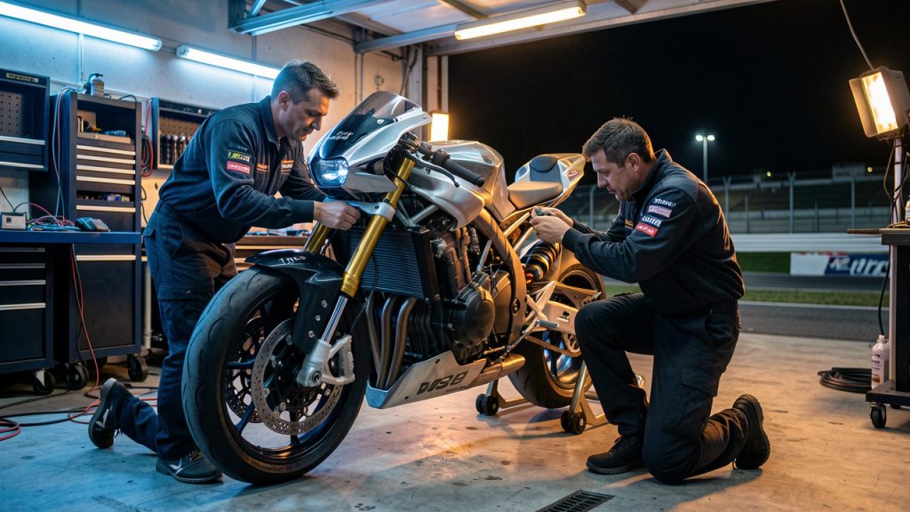 Moto de compétition d’endurance dans les stands du Circuit Paul Ricard, avec deux mécaniciens réglant la suspension et les composants électroniques avant une course de nuit.