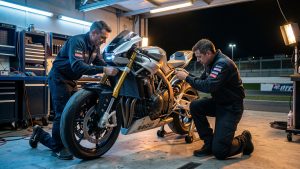 Moto de compétition d’endurance dans les stands du Circuit Paul Ricard, avec deux mécaniciens réglant la suspension et les composants électroniques avant une course de nuit.