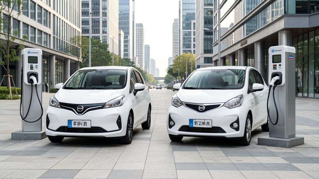 Deux voitures électriques compactes, l’une européenne et l’autre chinoise, stationnées côte à côte devant des bornes de recharge urbaines sous une lumière naturelle.