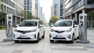 Deux voitures électriques compactes, l’une européenne et l’autre chinoise, stationnées côte à côte devant des bornes de recharge urbaines sous une lumière naturelle.
