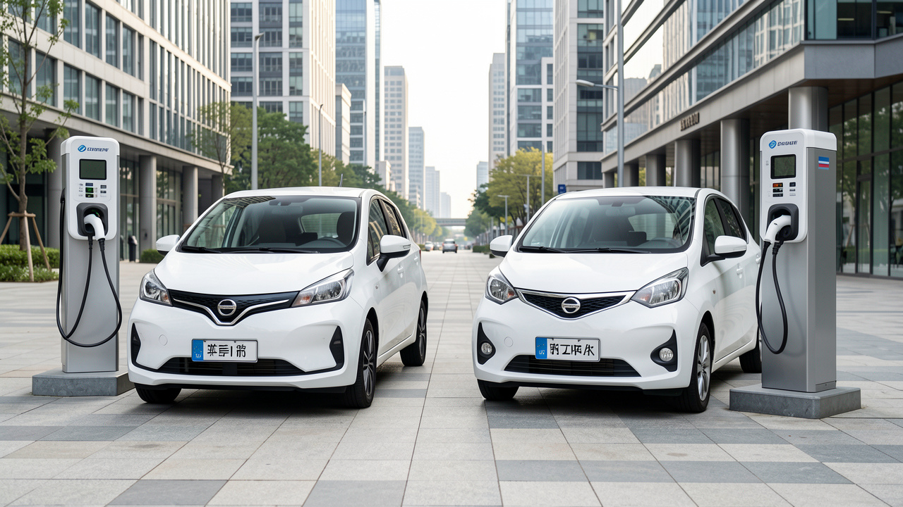 Deux voitures électriques compactes, l’une européenne et l’autre chinoise, stationnées côte à côte devant des bornes de recharge urbaines sous une lumière naturelle.