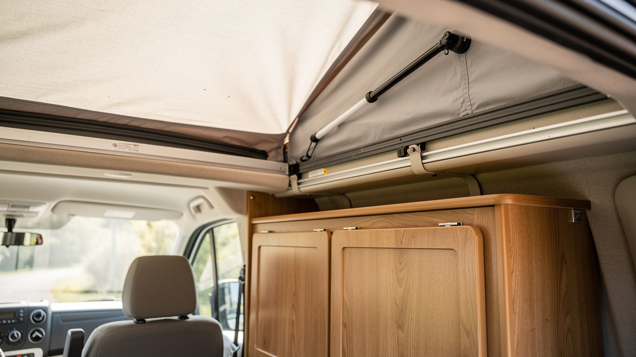 Intérieur détaillé et réaliste d’un fourgon aménagé avec le toit relevable ouvert, montrant la toile, les joints et les placards inspectés pour détecter l’humidité.