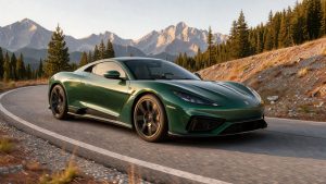 Supercar hybride rechargeable verte roulant sur une route de montagne en lumière dorée de fin de journée, vue trois-quarts avant.